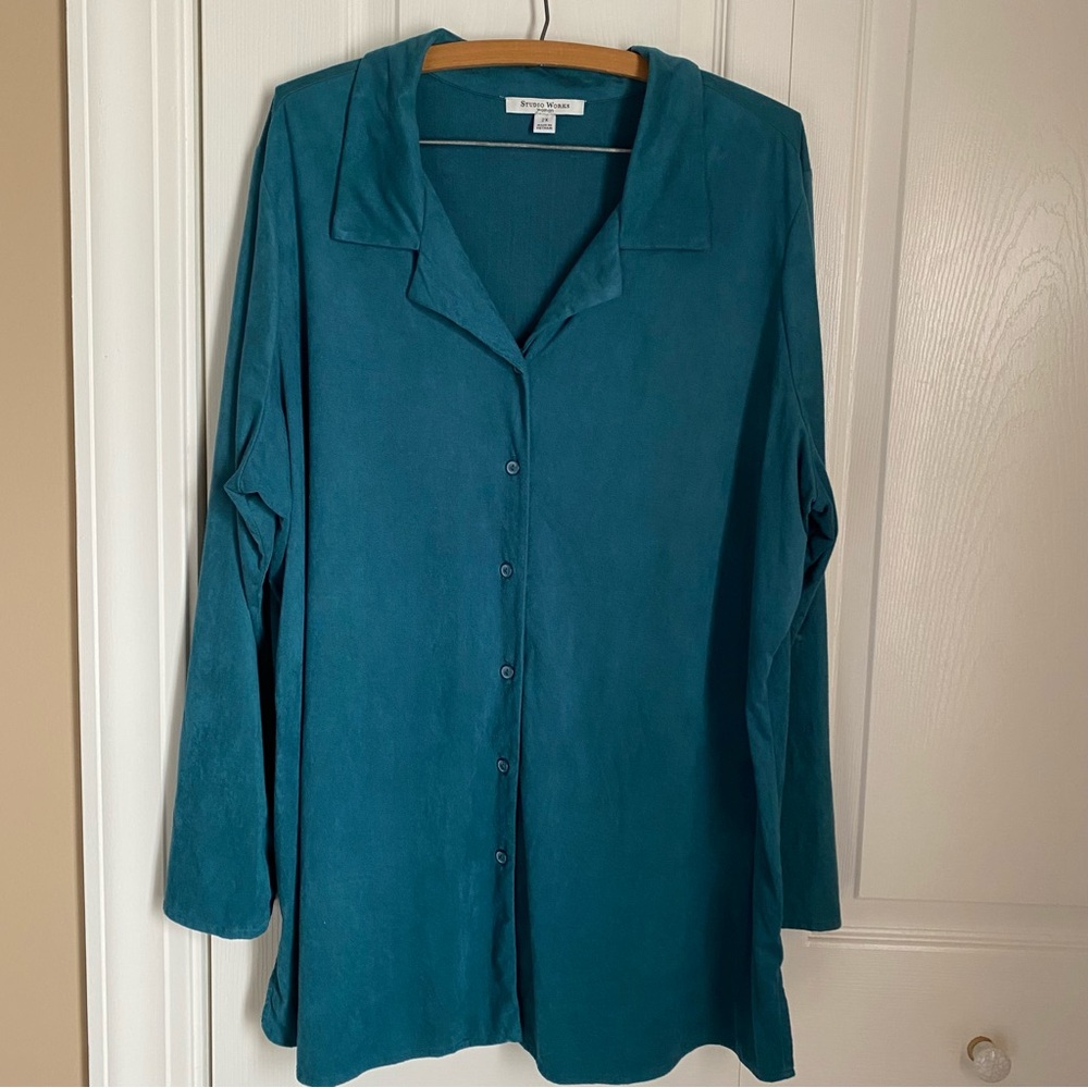 Studio Works Teal Women's Button Up Collard Long Sleeve Top 2X Casual Holidays